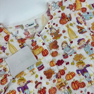 Life‎ Scrub Top XL Autumn Fall Scarecrow Turkey Pumpkin Print Long Sleeve